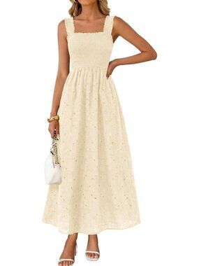 🆕 Women's Beige Boho Sleeveless Square Neck Cotton Flowy Long Maxi Dress